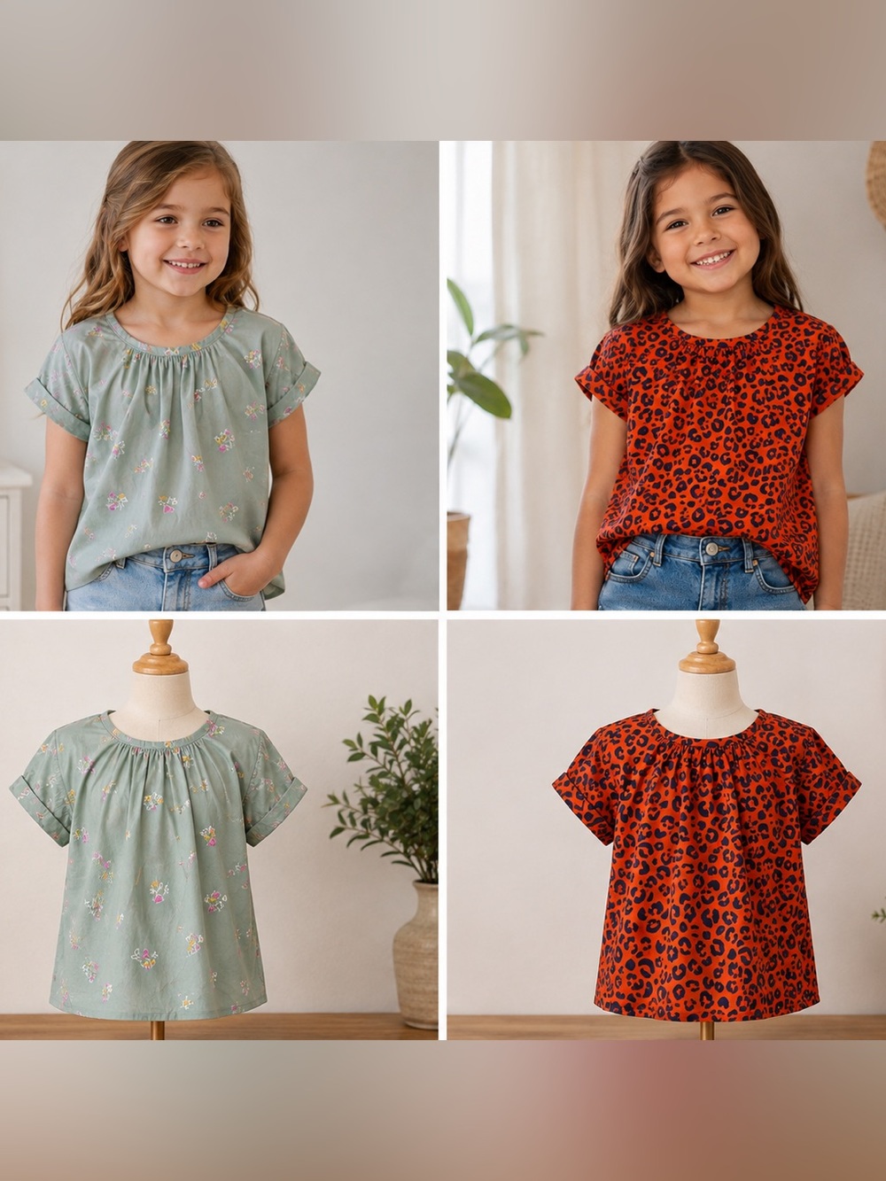 Cat & Jack Sage Floral Top and Orange Leopard Print Top - Girls